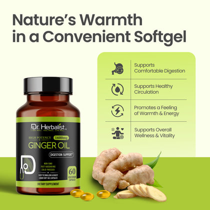 Ginger Oil Capsules 1600mg - Zingiber Officinale, No Burn | 60 Softgels