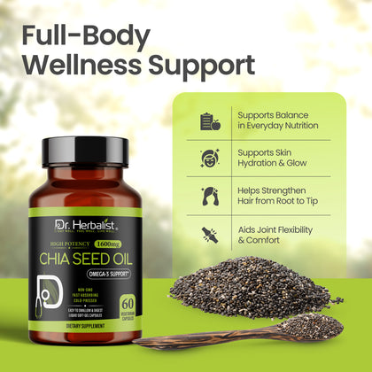 Chia Seed Oil Capsules 1600mg - Fish-Free Plant Omega-3 (ALA) | 60 Softgels