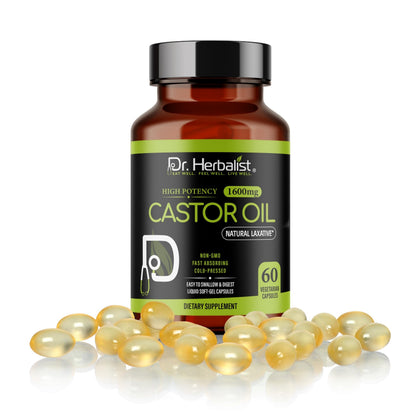 Castor Oil Capsules 1600mg - Cold-Pressed, Hexane-Free | 60 Softgels