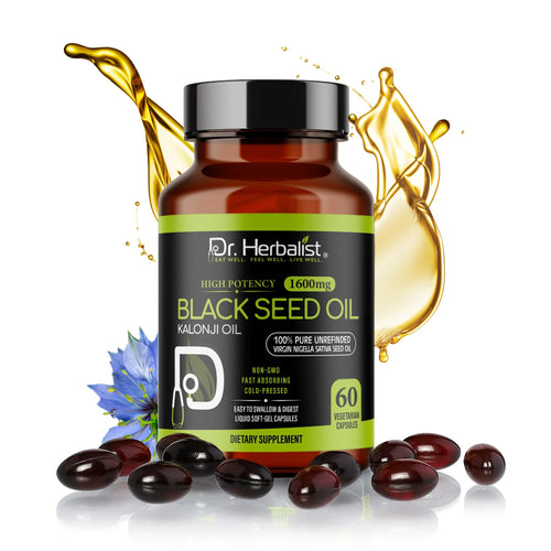 Dr. HERBALIST Black Seed Oil Capsules 1600mg - cold-pressed Nigella sativa (kalonji) softgels, 60 count, Halal