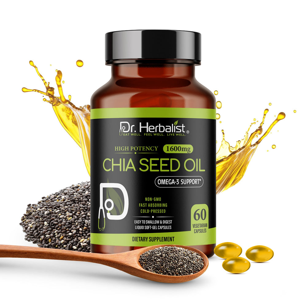 Dr. HERBALIST Chia Seed Oil Capsules 1600mg - fish-free plant Omega-3 (ALA), Salvia hispanica, 60 softgels