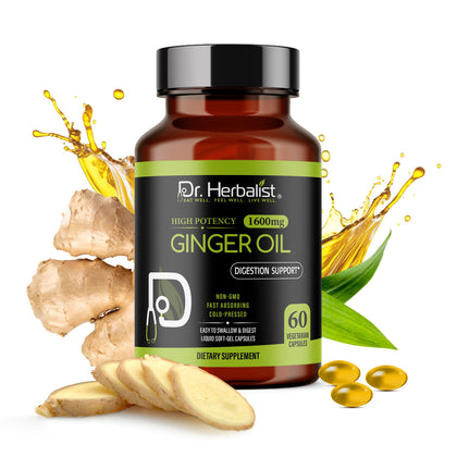 Ginger Oil Capsules 1600mg - Zingiber Officinale, No Burn | 60 Softgels