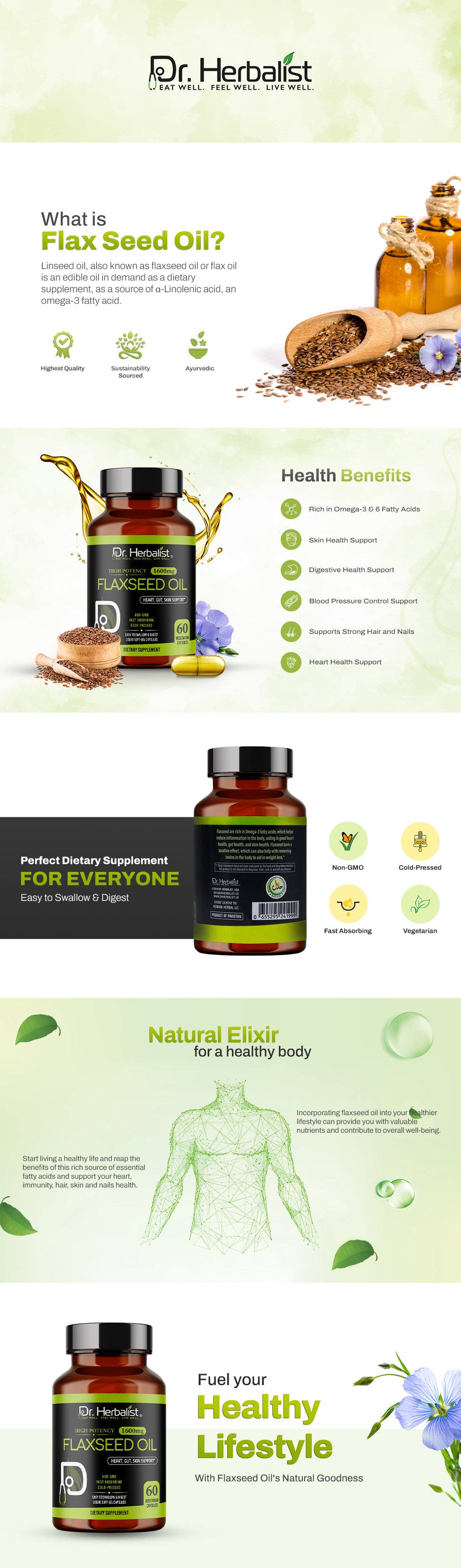 Flaxseed Oil Capsules 1600mg - Fish-Free Plant Omega-3 (ALA), Cold-Pressed | 60 Softgels — feature 1