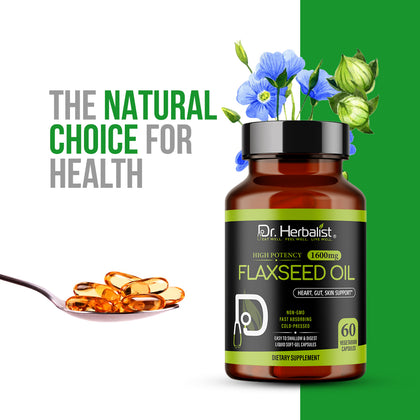 Flaxseed Oil Capsules 1600mg - Fish-Free Plant Omega-3 (ALA), Cold-Pressed | 60 Softgels