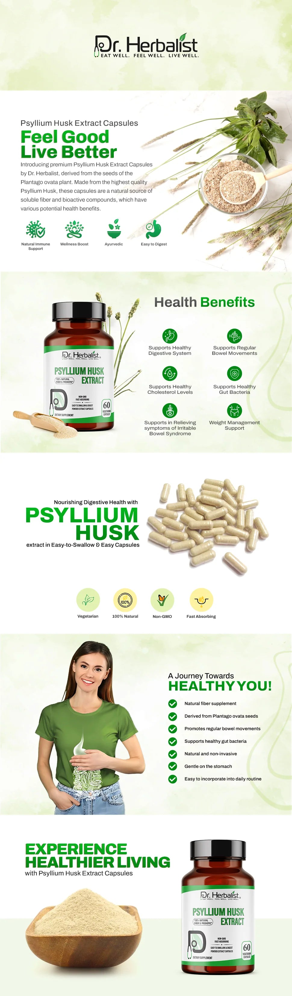 Psyllium Husk Extract Capsules 500mg - Plantago Ovata Fiber, Vegetarian | 60 Caps — feature 1