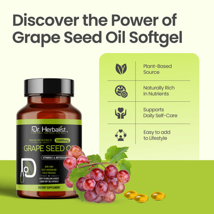 Grape Seed Oil Capsules 1600mg - Cold-Pressed, Vitamin E | 60 Softgels
