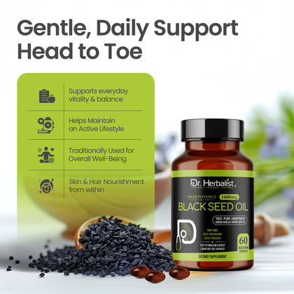 Black Seed Oil Capsules 1600mg - Nigella Sativa, No Harsh Taste | 60 Softgels