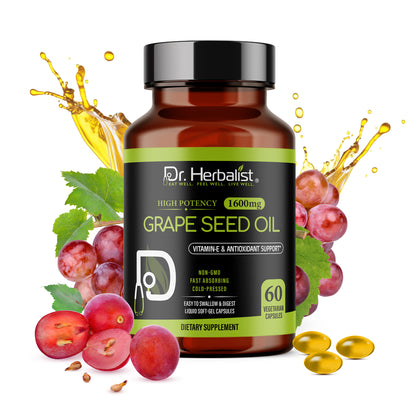 Grape Seed Oil Capsules 1600mg - Cold-Pressed, Vitamin E | 60 Softgels
