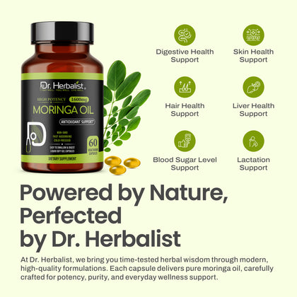 Moringa Oil Capsules 1600mg - Cold-Pressed Seed (Ben) Oil | 60 Softgels