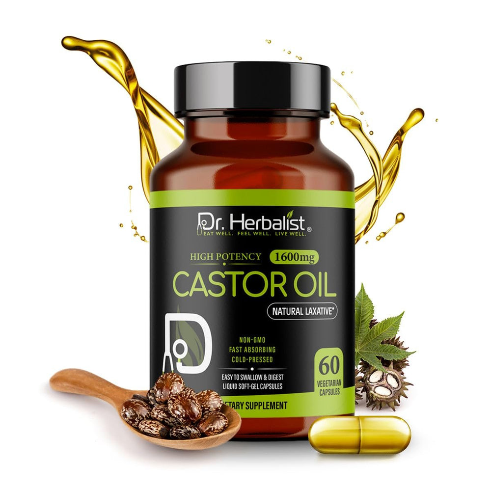 Dr. HERBALIST Castor Oil Capsules 1600mg - cold-pressed, hexane-free Ricinus communis, 60 softgels, Halal